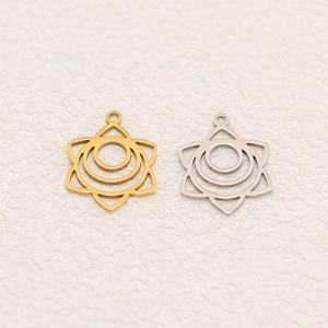 Polished stainless steel lotus yoga OM pendants in gold and silver finishes
