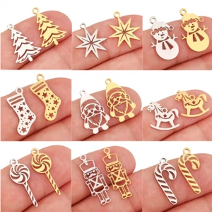 Stainless Steel Christmas Charms DIY Jewelry Making Hollow Out Snowman Tree Santa Nutcracker Pendants Gold Silver