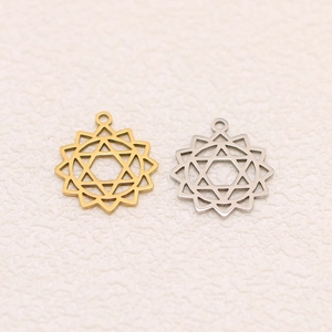 Detailed close-up of gold and silver hollowed lotus om pendants on textured fabric