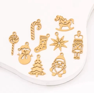Golden stainless steel Christmas charms including snowflakes, trees and snowmen for DIY