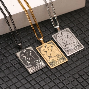 Detail view of Sagittarius tarot necklaces in black, gold, and silver stainless steel