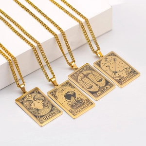 Vintage 304 Stainless Steel Zodiac Necklace Men Women Tarot Card Style Constellation Dog Tag Pendant Engraved Jewelry Gift