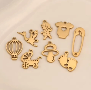 Golden baby shower charms set with pacifier and footprint for DIY necklace pendants