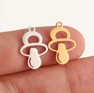 Polished baby pacifier shaped stainless steel pendants in gold and silver finishes