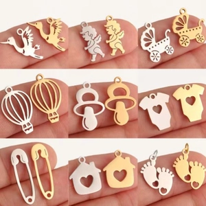 Stainless Steel Baby Theme Pendants For DIY Jewelry Making Pacifier Footprint Stork Angel Heart House Mirror Charms