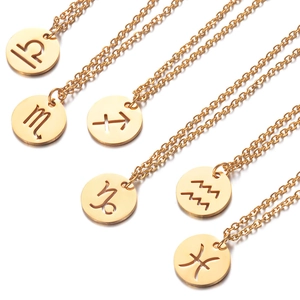 Golden 304L stainless steel 12 zodiac hollow round pendant necklaces for women