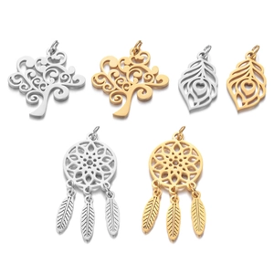 Pendentifs en acier inoxydable 304L poli avec plume et arbre de vie en or et argent