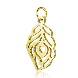 Pendentif plume en acier inoxydable 304L doré avec détail cœur sur fond blanc