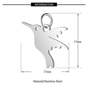 Detailed size chart showing 17mm hummingbird stainless steel pendant charm dimensions
