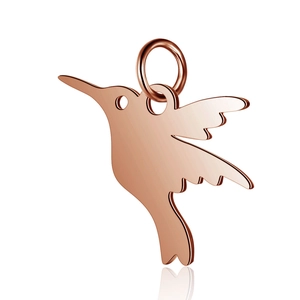 Detailed view of hummingbird pendant in rose gold finish with polished镂空silhouette
