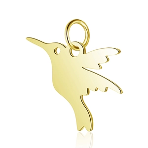 Detailed view of a gold hummingbird pendant with mirror-polished finish and a top ring