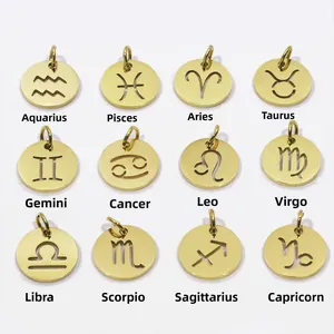 Detail view of twelve gold zodiac sign charms with intricate hollow-out metal designs