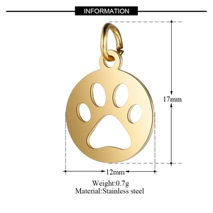 Golden stainless steel paw print pendant specifications and detailed 12x17mm size dimensions