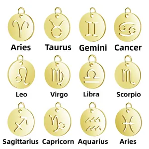 Detailed grid of 12 gold-plated zodiac sign pendants with hollowed-out circular designs