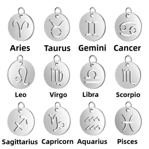 Polished stainless steel 12mm zodiac sign coin charms set for necklace pendants