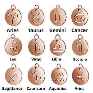 Detailed 3x4 grid view of twelve rose gold zodiac hollow pendants on white background