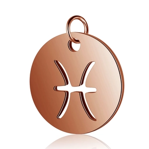 Macro shot of rose gold Pisces zodiac pendant with hollow design and mirror polish