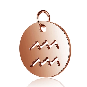 Macro view of 12mm rose gold stainless steel round charm with Aquarius zodiac symbol