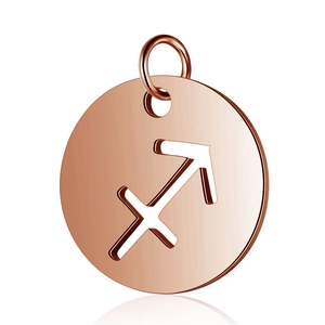 Macro detail of rose gold 12mm zodiac pendant with Sagittarius cutout and mirror finish