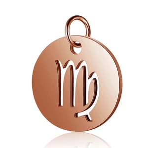 Close-up of rose gold Virgo zodiac pendant with mirror finish and cutout design