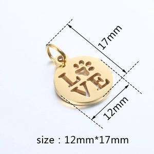 Ciondolo LOVE tondo in acciaio inossidabile dorato con zampa di cane e misura 17 mm