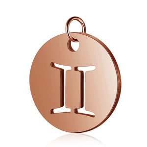 Detail of rose gold 12mm zodiac pendant with brushed finish and Roman numeral II cutout