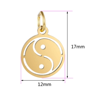 Golden 12x17mm stainless steel Yin Yang Tai Chi cut-out pendant with size measurements