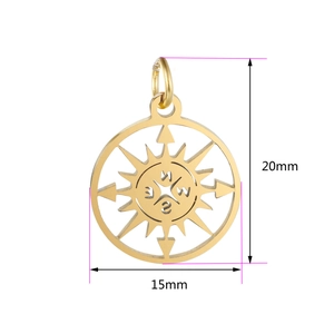 Gold hollow compass pendant in stainless steel with dimensions showing 15mm by 20mm size