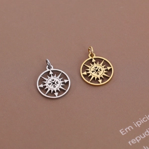 Detailed view of cutout compass pendants in gold and silver finish with N S E W engraving