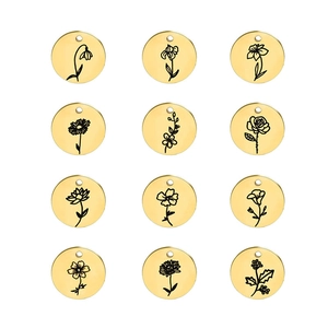 Roestvrijstalen Geboortebloem Ronde Hanger Verguld Maandelijkse Bloemenmunt Label Voor DIY Sieraden Ketting Verjaardagscadeau Voor Vrouwen