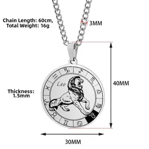 Vintage stainless steel Leo zodiac pendant necklace with rotating lion head disk