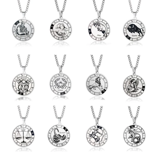 Set of 12 zodiac pendant necklaces in silver stainless steel with constellation emblems