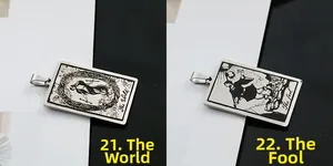 Détails de pendentifs tarot en acier inoxydable avec gravures The World et The Fool