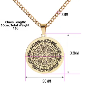Collier boussole Viking runes Odin doré avec chaîne de 60cm et détails de mesures