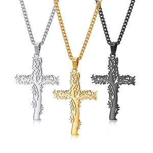 Collier Pendentif Croix Arbre De Vie Acier Inoxydable Creux Religieux Gothique Hip Hop Bijoux Pour Hommes Femmes