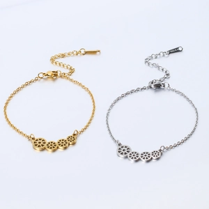 Minimalist stainless steel lotus gear bracelets in gold and silver mirror finish