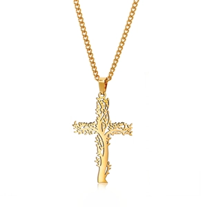 Pendentif croix Arbre de Vie doré avec chaîne gourmette en acier pour hommes
