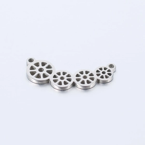 Polished stainless steel gear cutout pendant link with silver metallic mirror finish