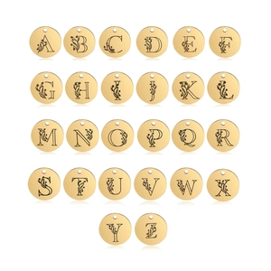 Polished 15mm gold stainless steel round charms with floral initial letters A-Z