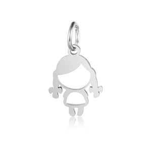 Close-up of polished stainless steel little girl pendant with mirror finish and hollow design