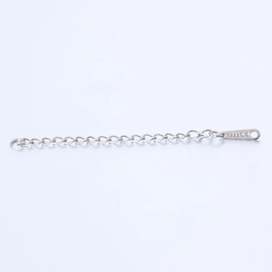Macro view of silver stainless steel extender chain with S.STEEL engraved droplet charm