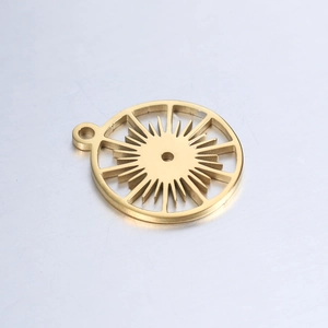 Detail of 18k gold plated hollow sunburst gear pendant for jewelry making