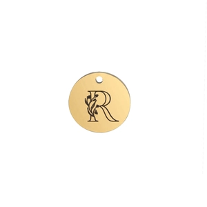 Detail of 15mm gold polished stainless steel pendant with engraved floral letter R