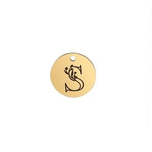 Detail view of 15mm gold stainless steel round charm with decorative letter S engraving