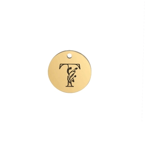 Polished 15mm gold pendant with floral letter T engraving for DIY jewelry making