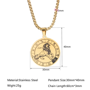 Collier pendentif Lion zodiaque en acier doré avec détails des dimensions du produit