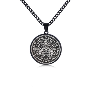 Collier talisman hexagramme Enochian en acier noir avec pendentif gravé Alpha Omega