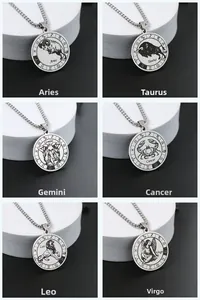 Détails des pendentifs zodiaque incluant les modèles Bélier, Taureau, Gémeaux et Lion