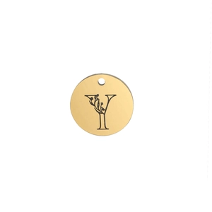 Macro shot of 15mm polished gold stainless steel pendant with engraved floral letter Y