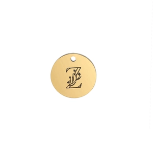 Polished gold 15mm stainless steel round pendant featuring letter Z and floral engraving